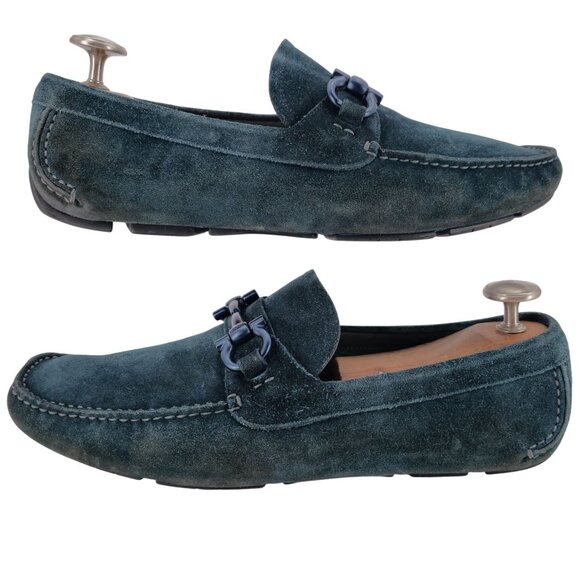 Salvatore Ferragamo Parigi Suede Blue Teal Driving Loafers Mens 10EE Dress Shoes - Picture 5 of 15